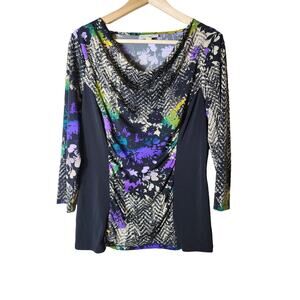 DANA BUCHMAN Black Purple Yellow Floral Anima Print 3/4 Sleeve Top SZ M